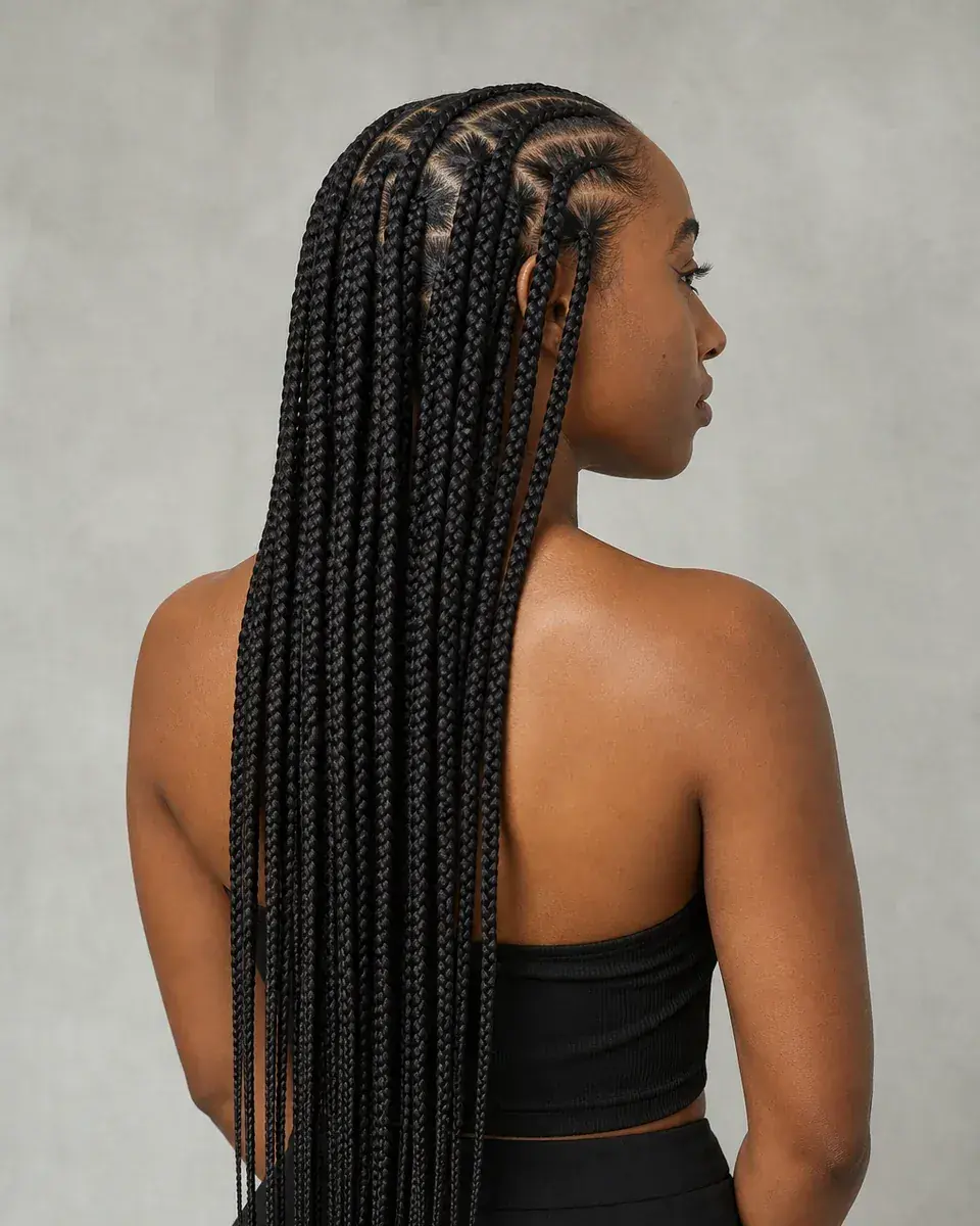 Acabamento definido de box braids longas visto de costas