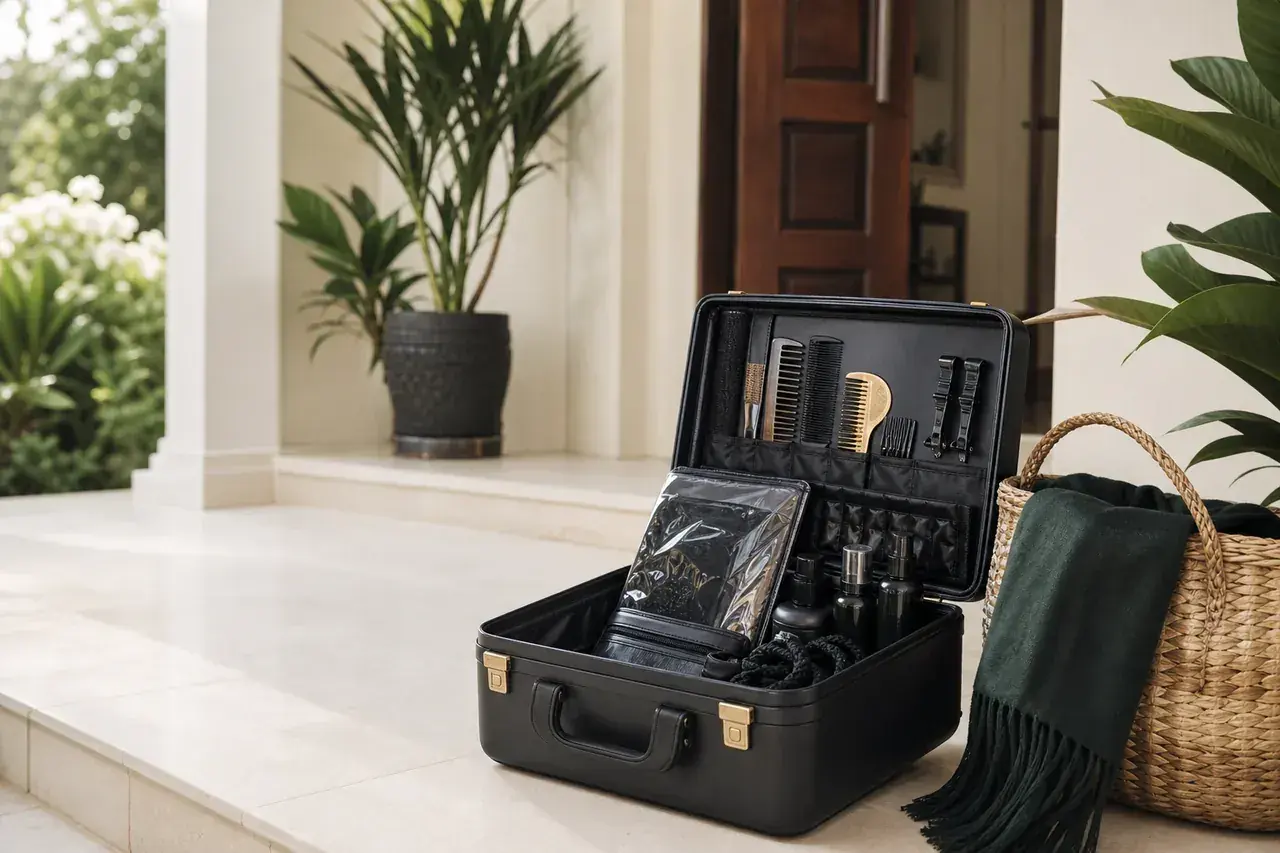 Materiais organizados para atendimento de tranças ao domicílio