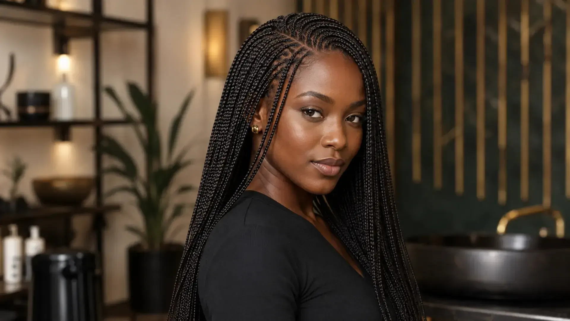 Mulher africana com box braids finas, longas e de divisão precisa