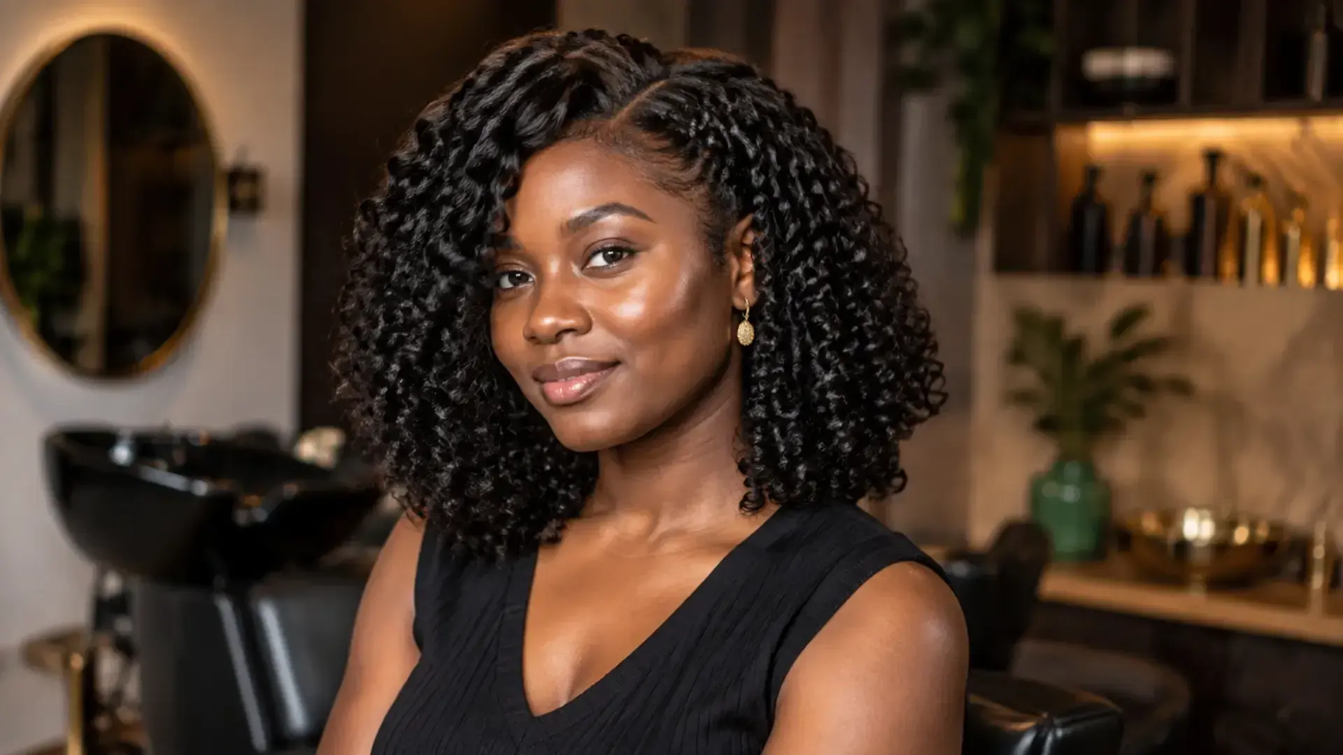 Mulher africana com crochet braids encaracoladas e acabamento natural