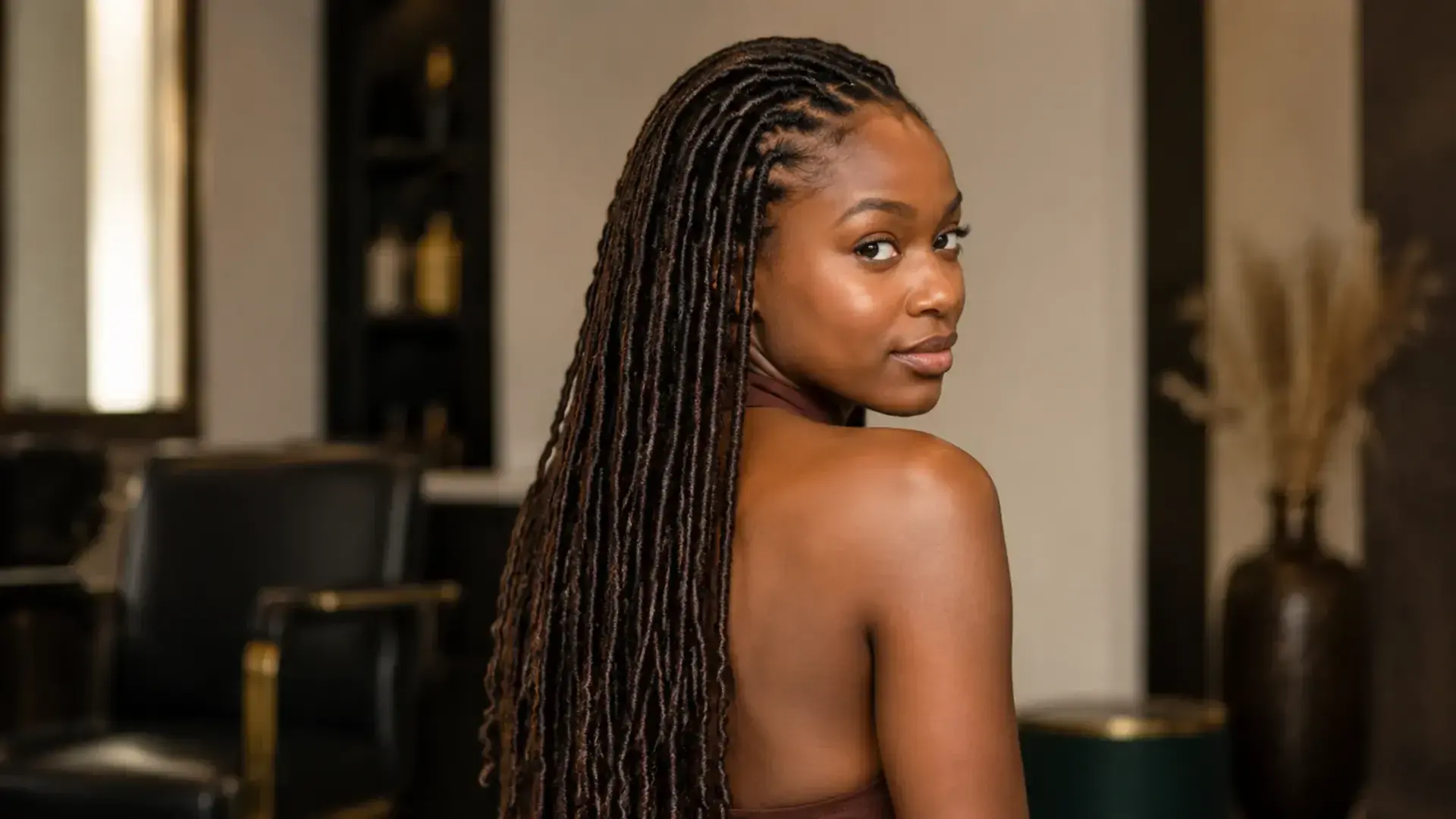 Mulher africana com faux locs longos vistos de perfil e de costas