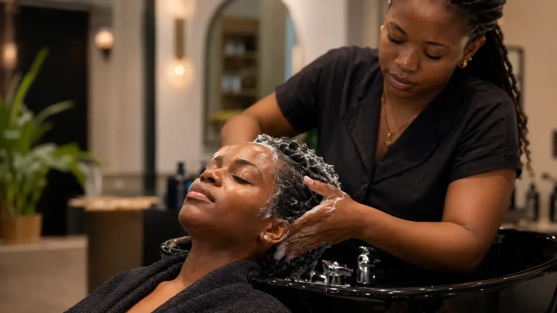 Cliente africana a receber lavagem e hidratação profissional do cabelo
