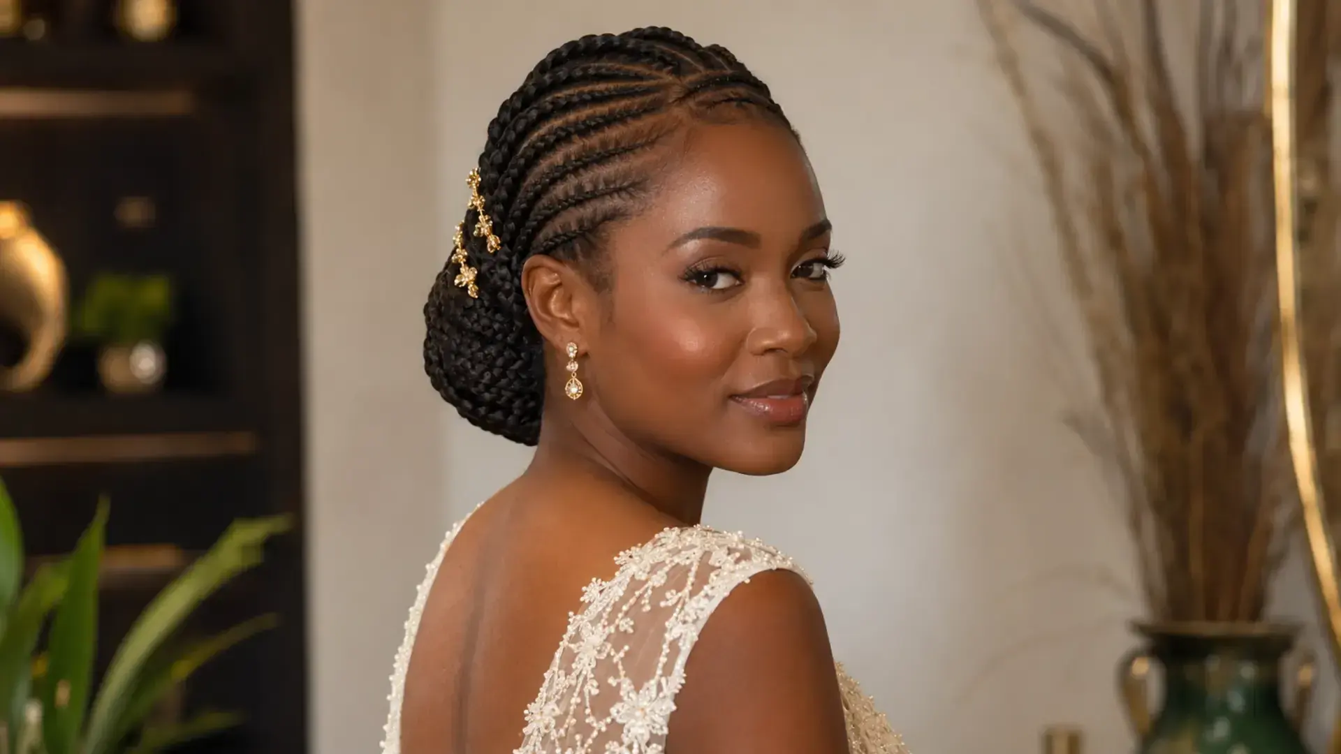 Noiva africana com penteado entrançado e coque baixo elegante