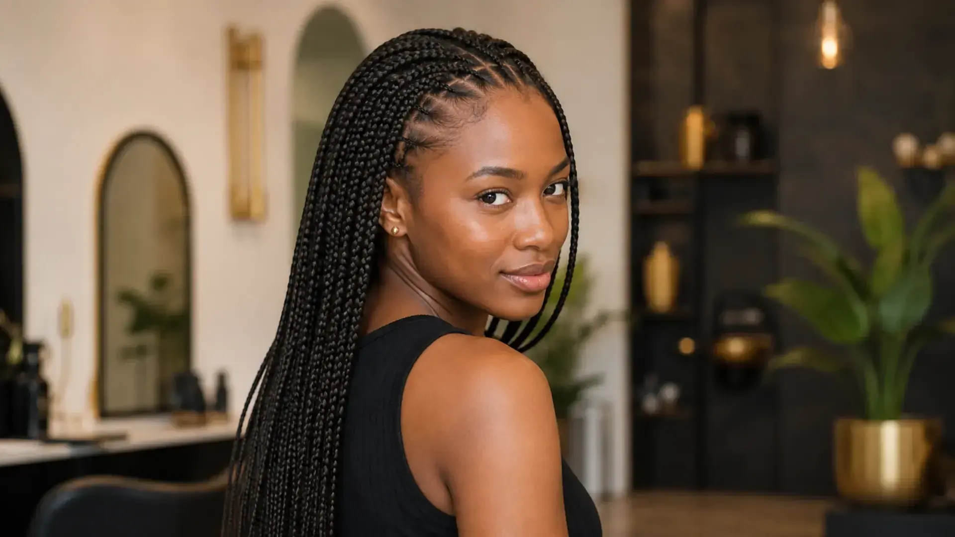 Mulher africana com knotless braids longas e raiz natural