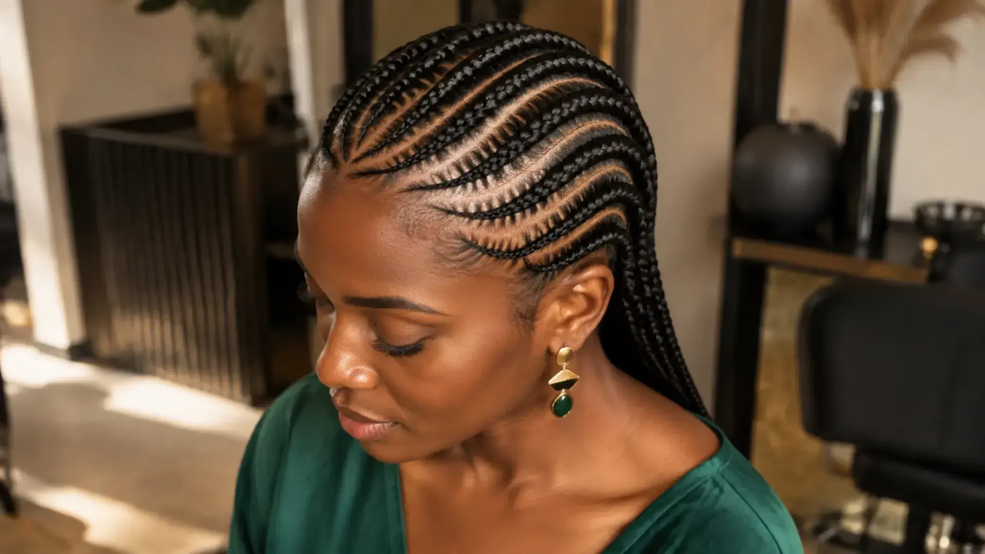 Mulher africana com cornrows geométricas executadas junto ao couro cabeludo
