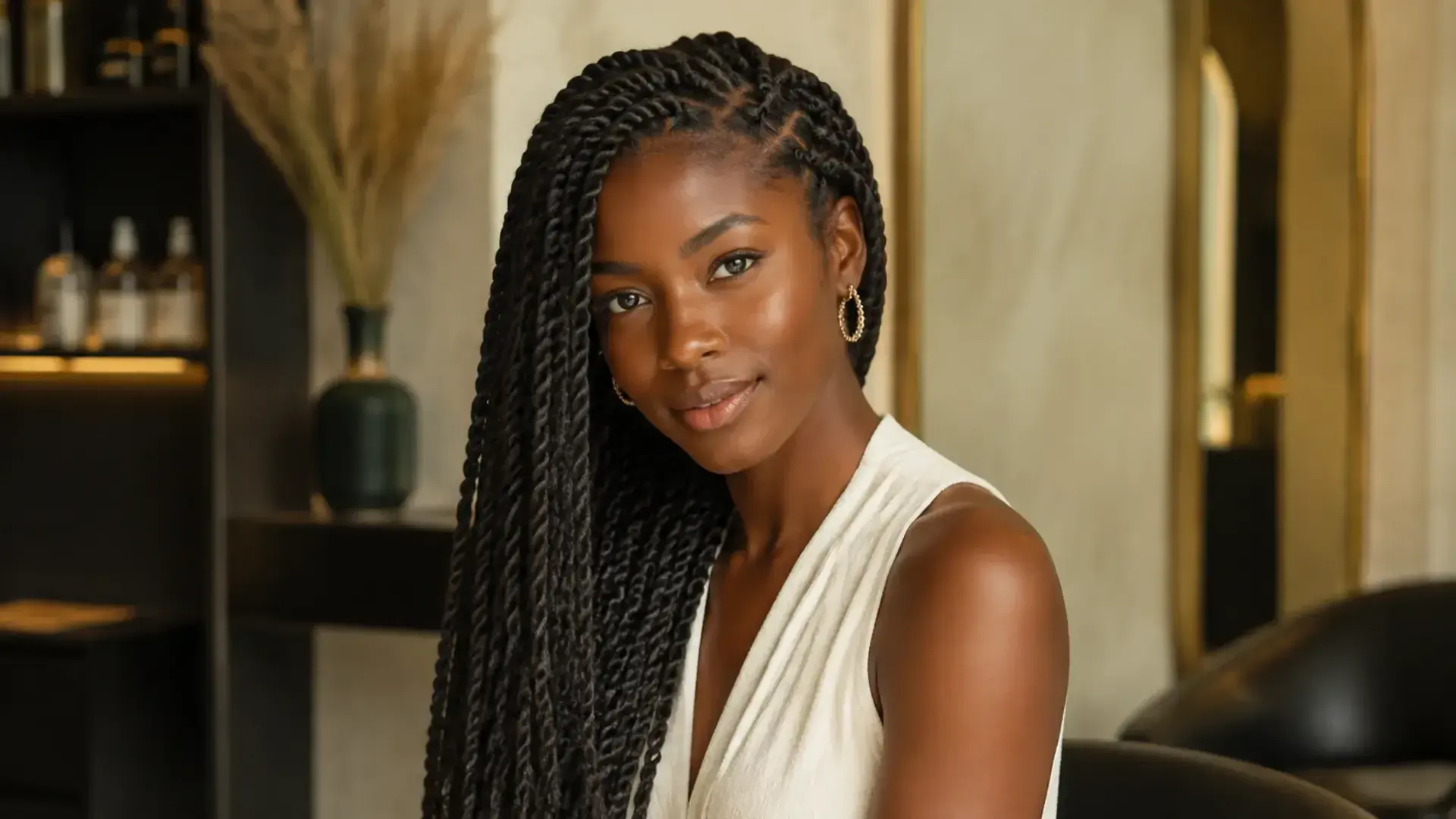 Mulher africana com twists senegaleses longos e uniformes